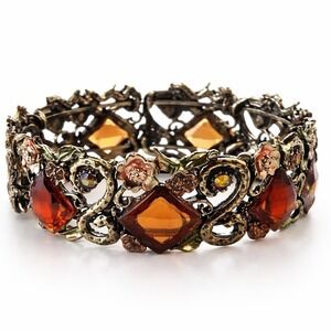 Vintage Amber Crystal Floral Gemstone Hinged Bangle Bracelet Gold Tone Cuff